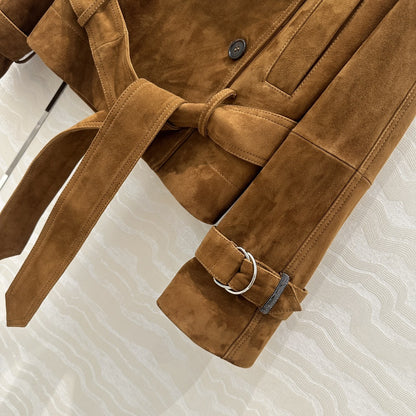 Women Cropped Suede Short Trench Jacket with Belt
