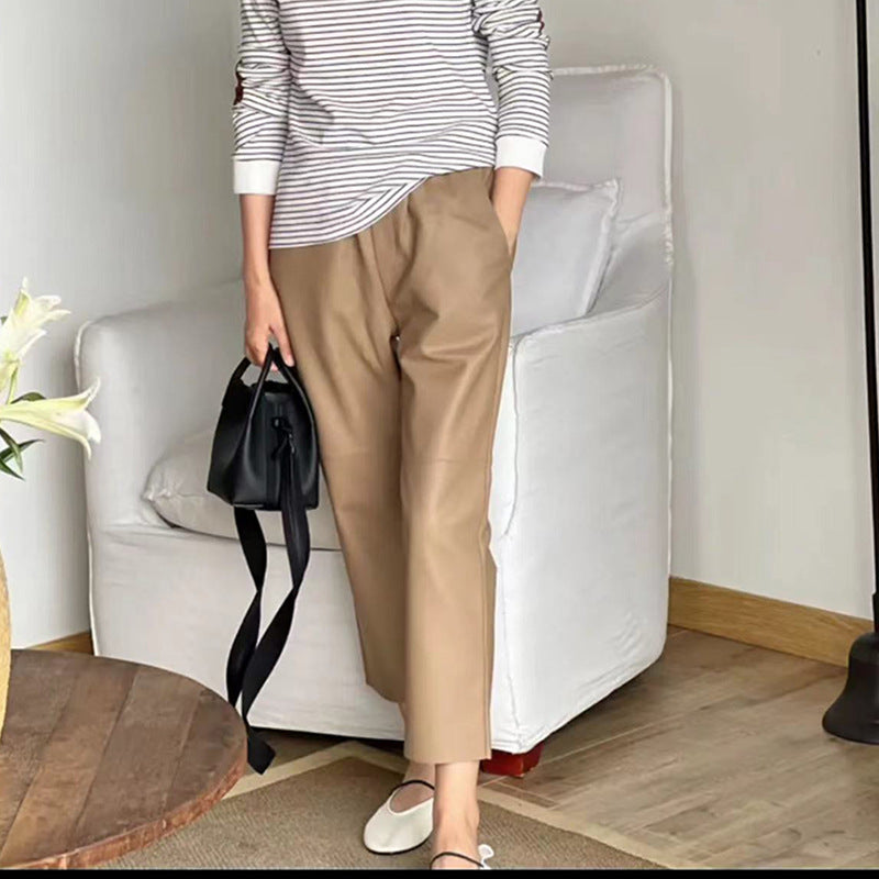 Women Italian Leather Carrot Pants Cropped Straight Leg Elastic Waist