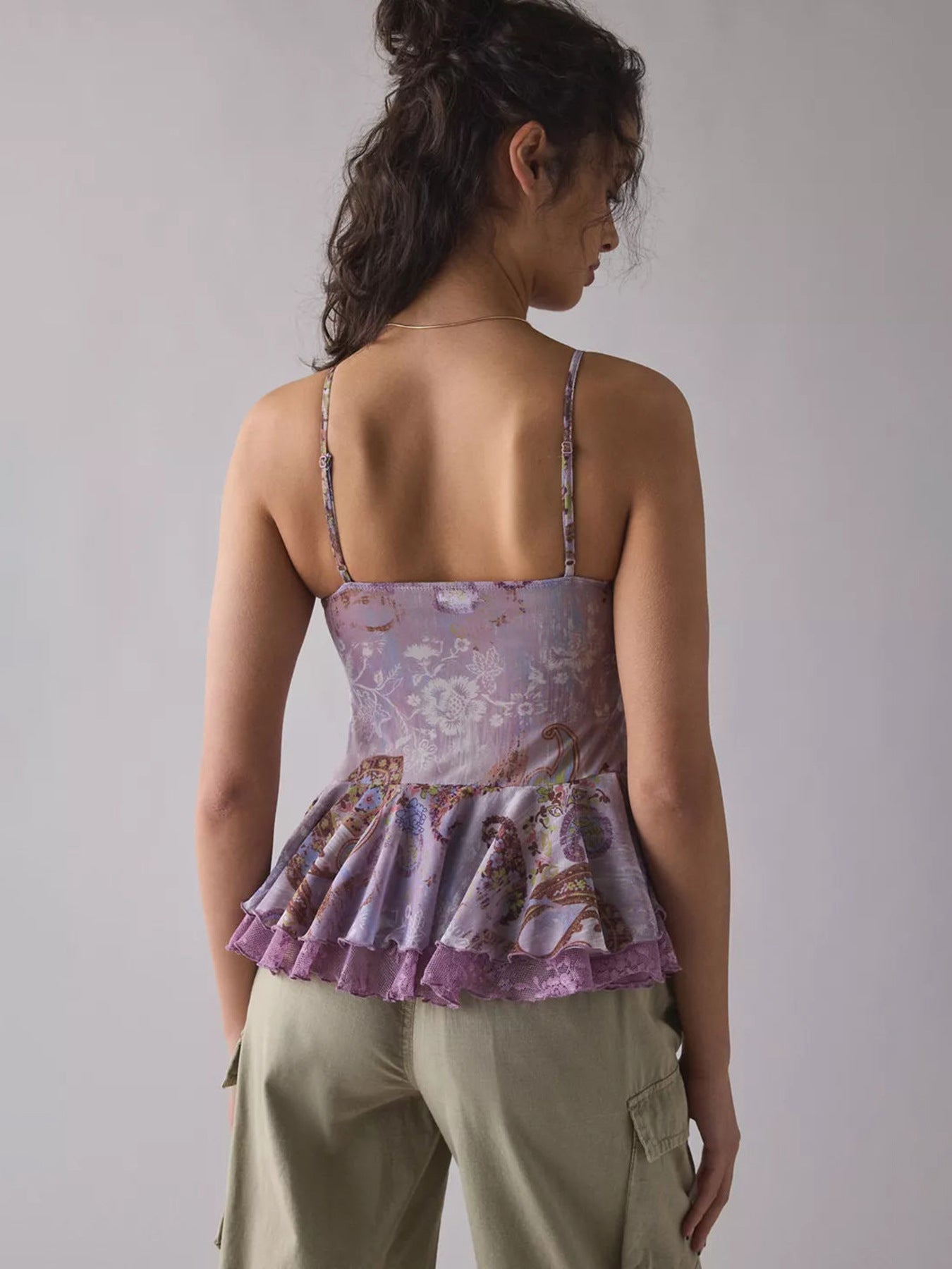 Women’s Floral Lace Trim Mesh Ruffle Camisole Top