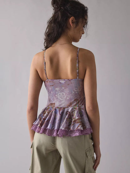 Women’s Floral Lace Trim Mesh Ruffle Camisole Top