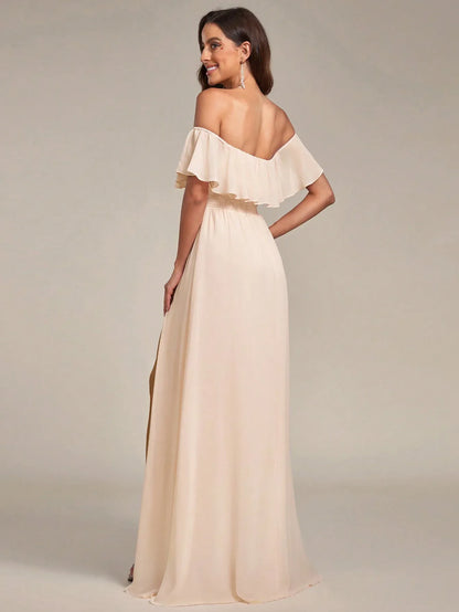 Bridesmaid off shoulder chiffon ruffle dress