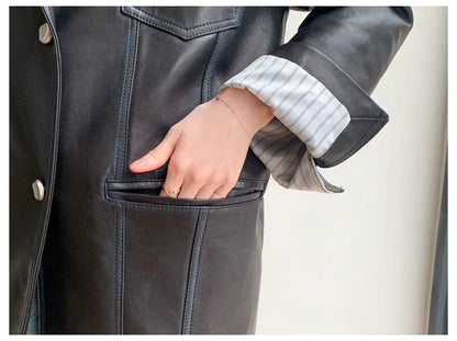 Women Oversized Genuine Leather Jacket Moto Blazer