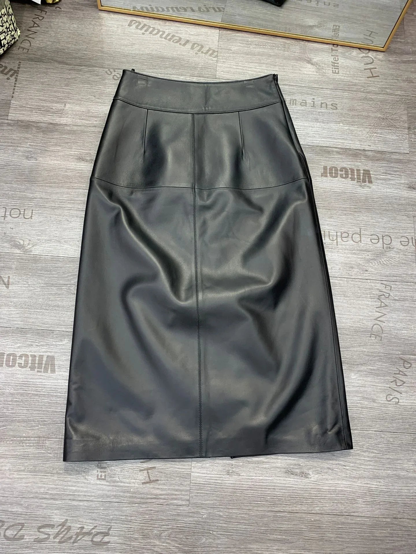 Women sheepskin leather midi skirt with belt