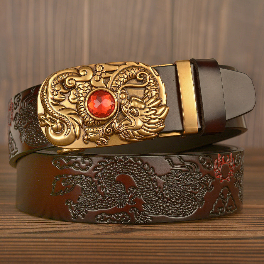 Men Western Dragon Buckle Genuine Leather Belt