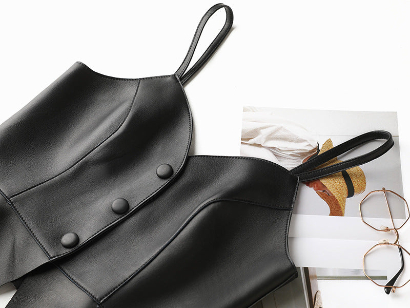 Women Genuine Leather Tube Top Black Bustier with Straps
