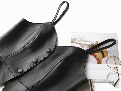 Women Genuine Leather Tube Top Black Bustier with Straps