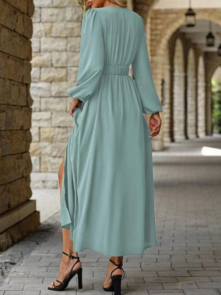Olive Green V Neck Long Sleeve Belted High Slit Maxi Dress