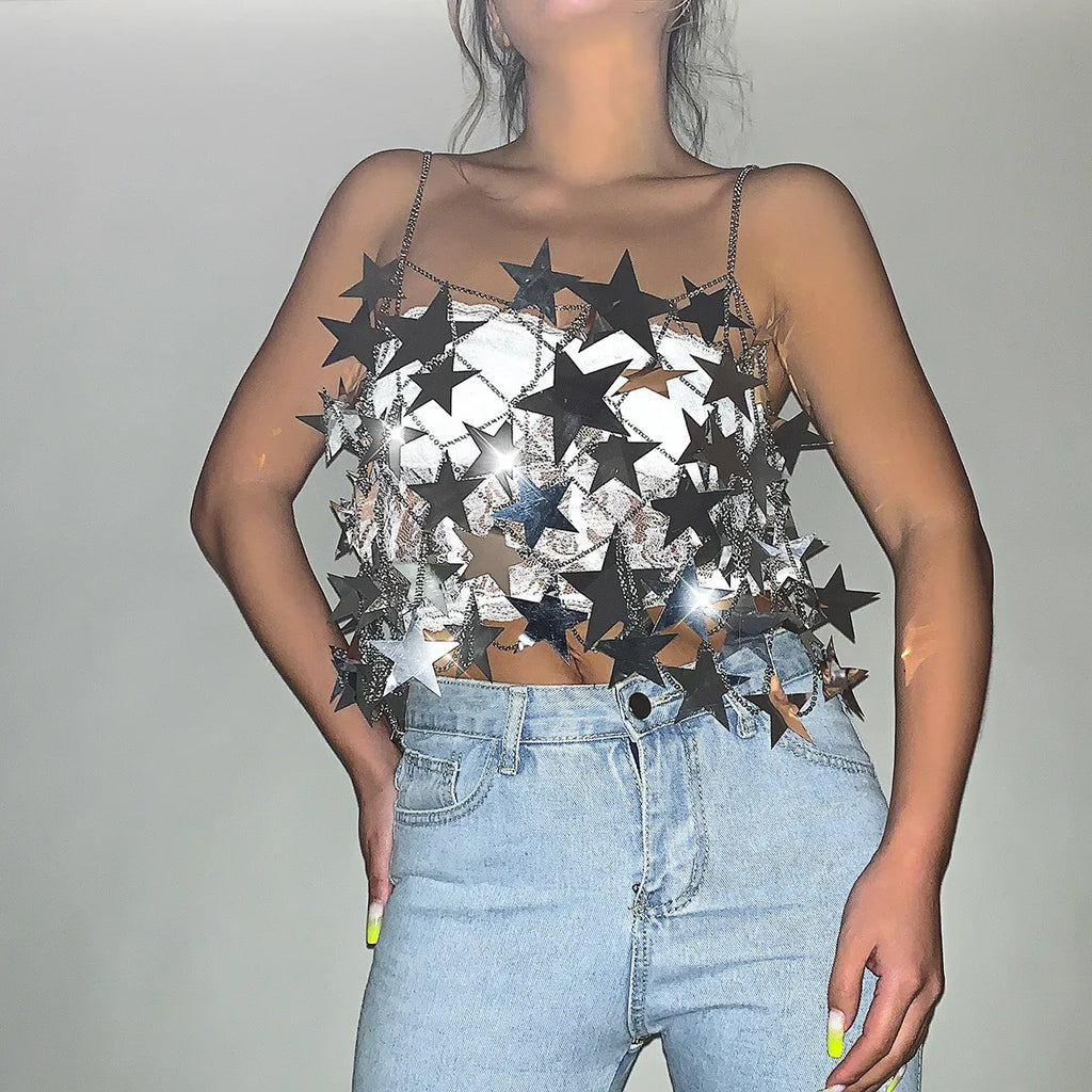 Reflective Star Sequin Chain Mesh Festival Top