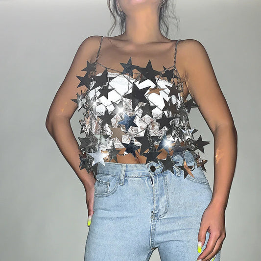 Reflective Star Sequin Chain Mesh Festival Top