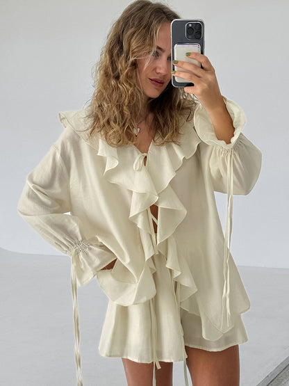 Ruffled Lace-Up Top and Shorts Set for Women Two-Piece Outfit