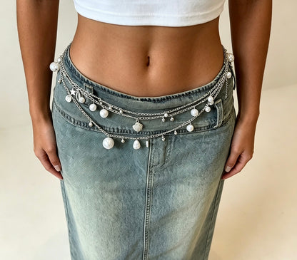 Women’s Layered Pearl Shell Waist Chain Silver Tone Body Jewelry