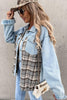 Plaid Patchwork Oversized Denim Shirt Jacket for Women