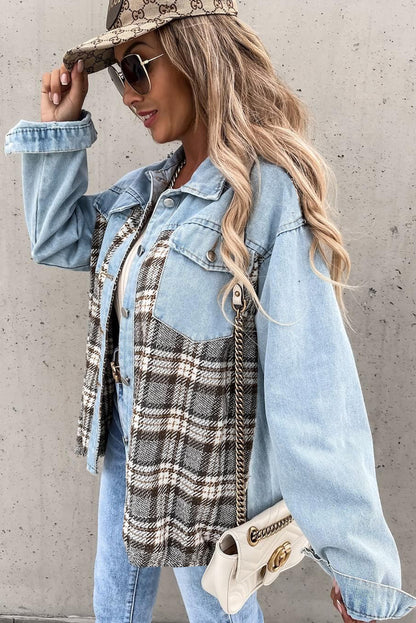 Plaid Patchwork Oversized Denim Shirt Jacket for Women