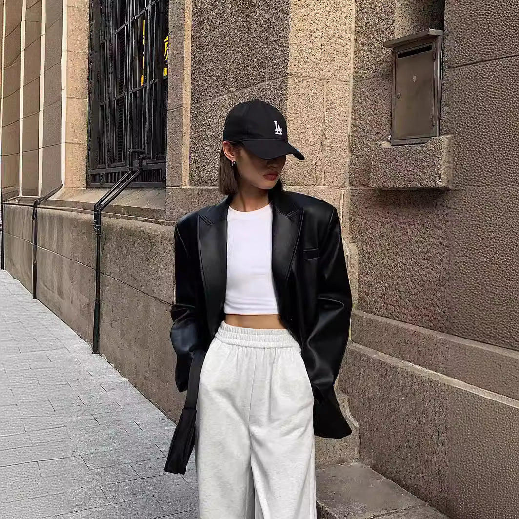 Women faux leather blazer suit jacket brown