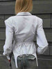Women’s Pinstripe Waist Tie Shirt with Pointed Collar and Black Trim