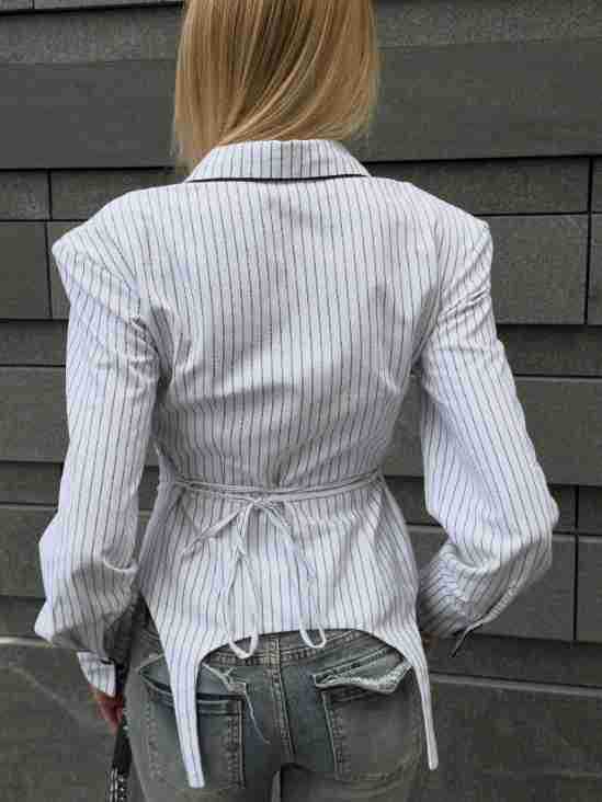 Women’s Pinstripe Waist Tie Shirt with Pointed Collar and Black Trim