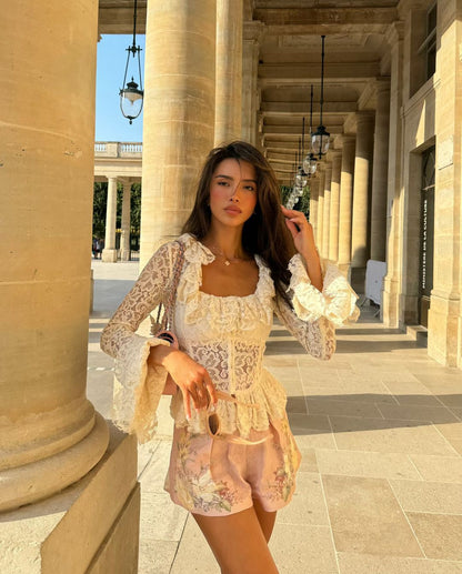 White Lace Corset Blouse Women Long Sleeve Peplum Top