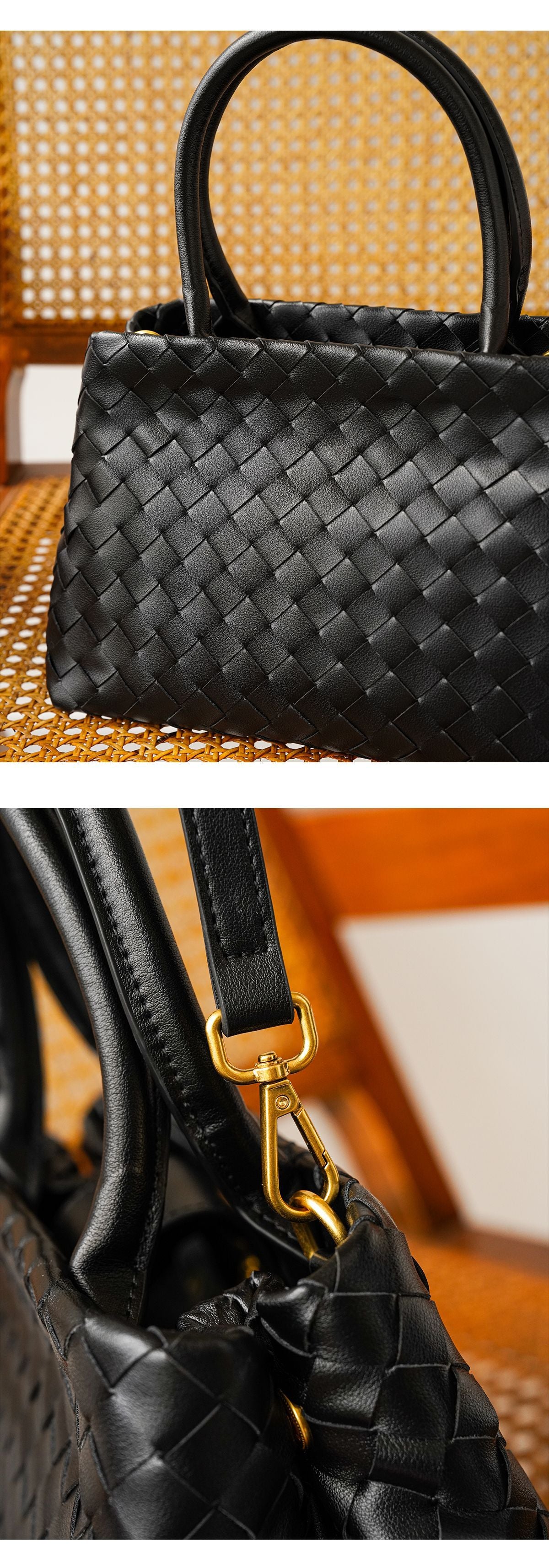 Hand Woven Real Leather Black Tote Crossbody Purse