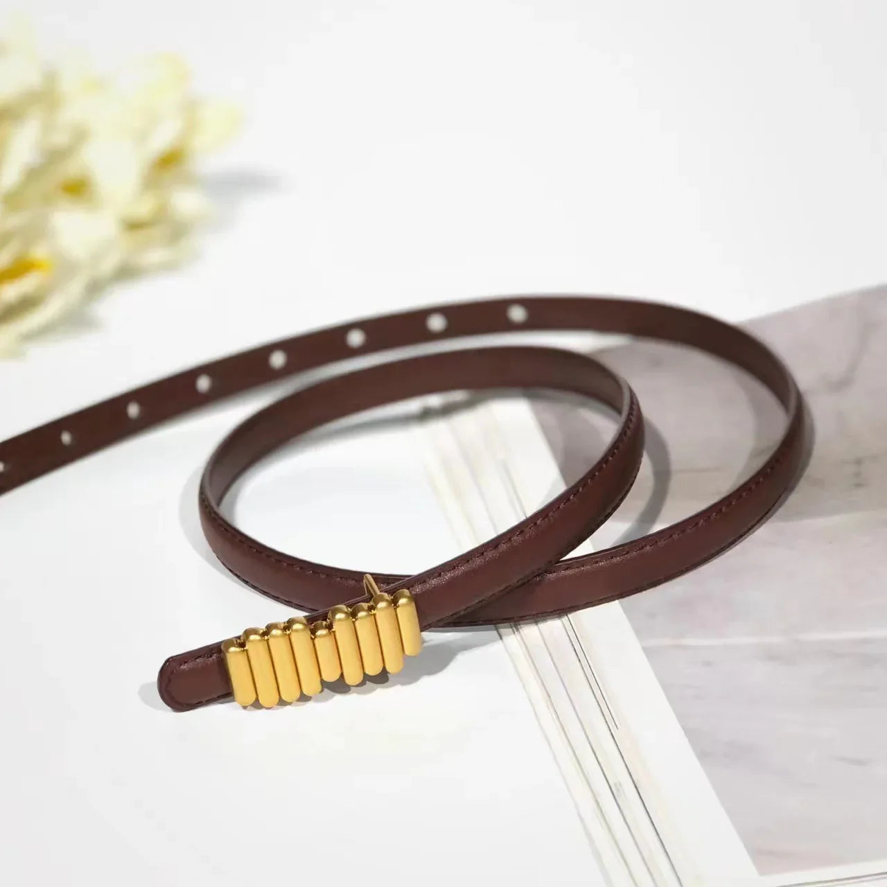 Women’s Skinny Genuine Leather Belt Gold Buckle