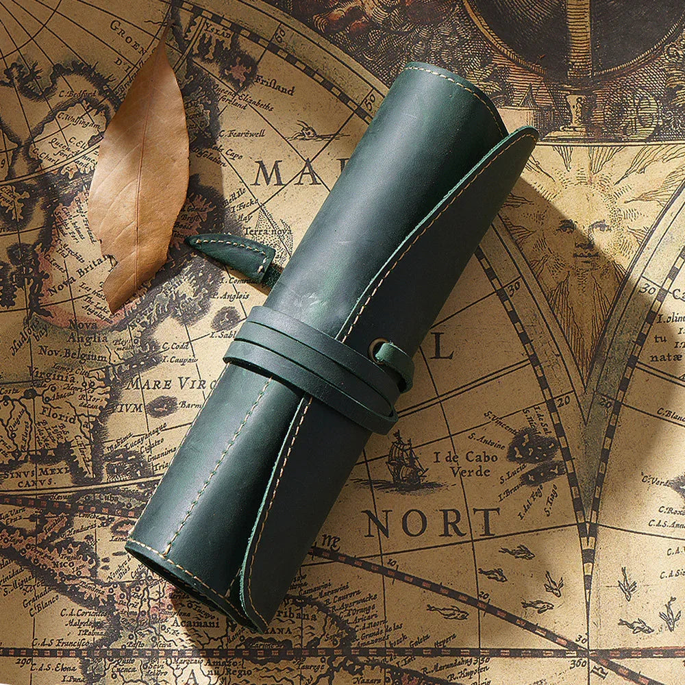 Retro cowhide roll up leather pencil case 3