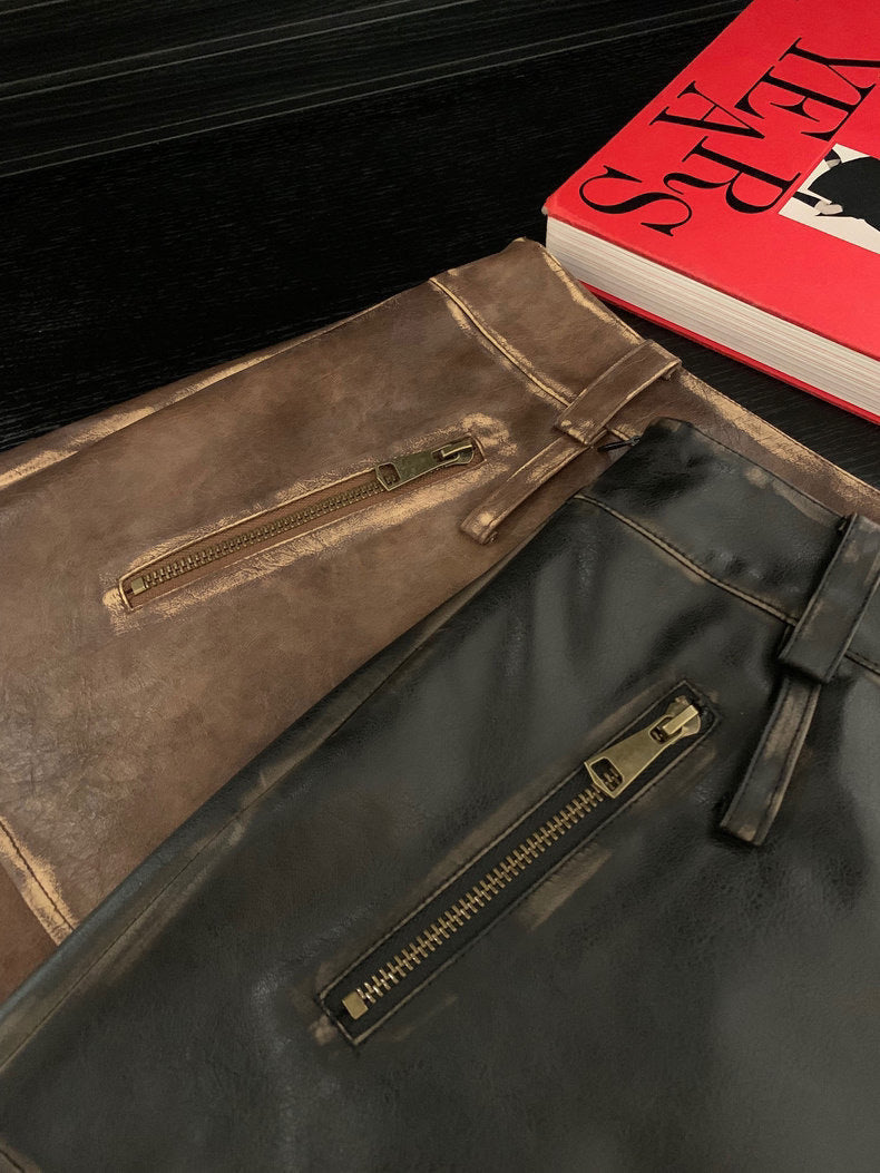 Women Brown PU High Waisted Leather Mini Skirt