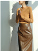 Brown sheepskin mid length bodycon leather skirt with slit