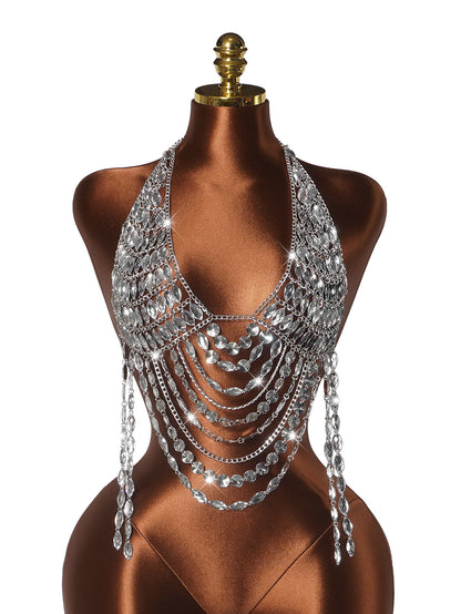 Silver Rhinestone Bra Chain Top with Layered Drapes