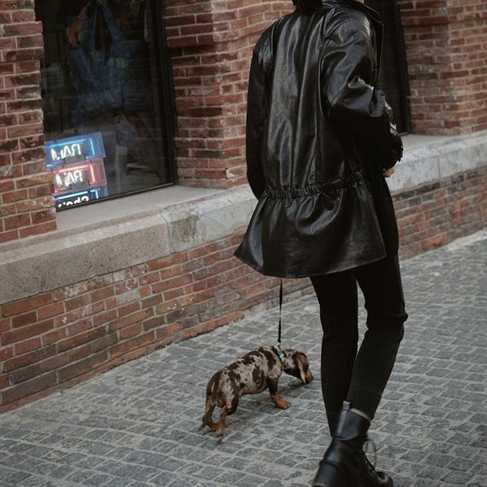 Women’s Leather Moto Trench Coat with Waist Cinch and Buckle Collar