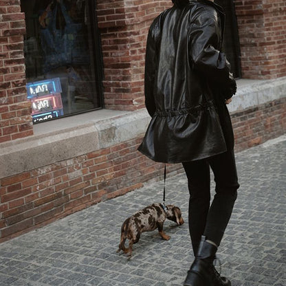 Women’s Leather Moto Trench Coat with Waist Cinch and Buckle Collar