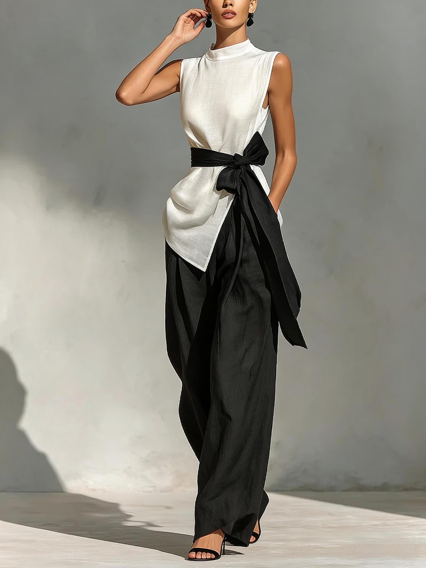 Women’s Two Piece Sleeveless Tie Waist Wide Leg Pant Set
