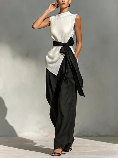 Women’s Two Piece Sleeveless Tie Waist Wide Leg Pant Set