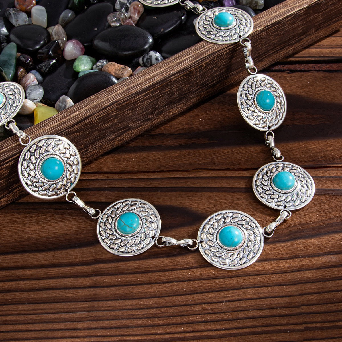 Women's Imitation Turquoise Waist Chain in Silver Tone Metal