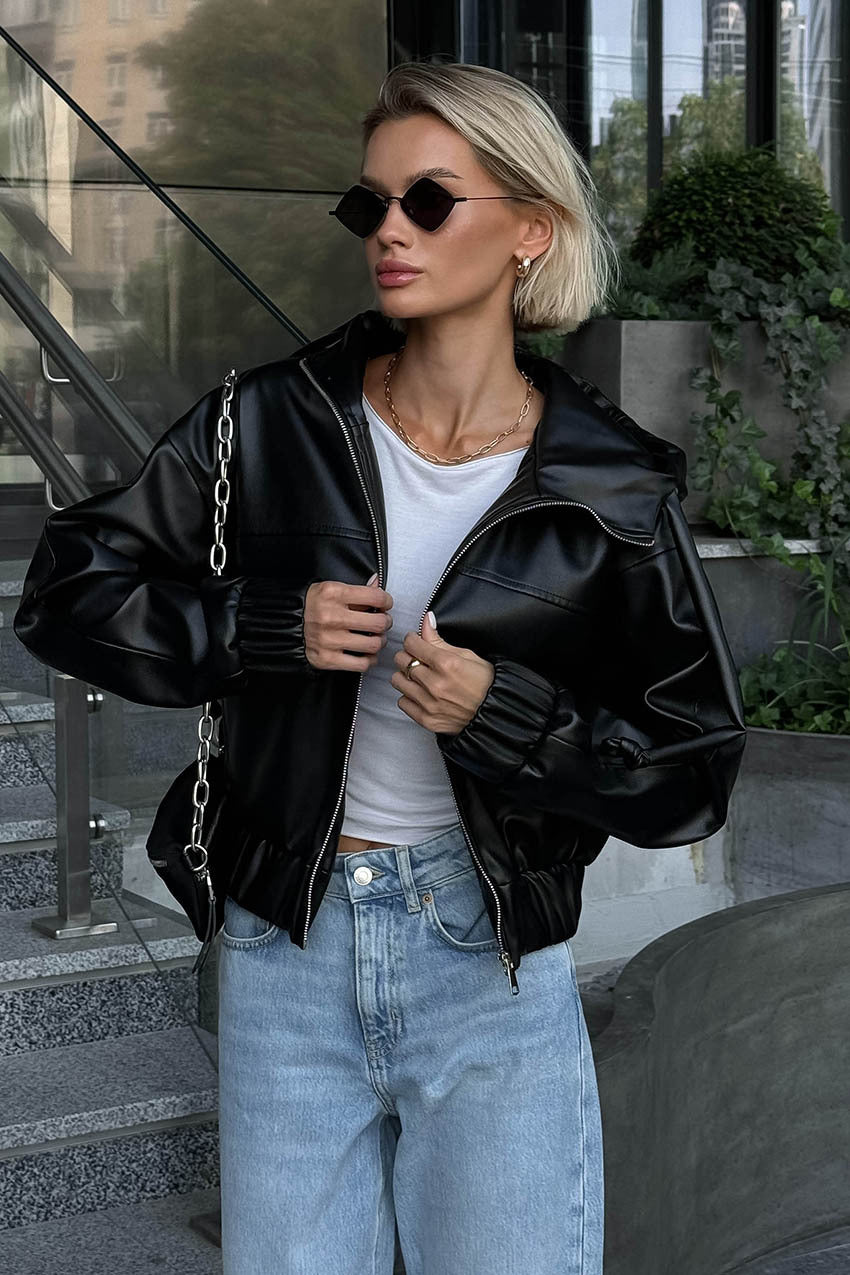 Women’s Faux Leather Jacket PU Leather Coat Zip-Up