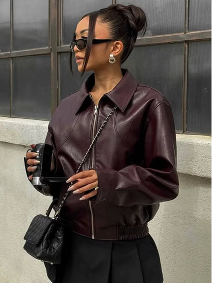 Women Faux Leather Wide Lapel Bomber Jacket
