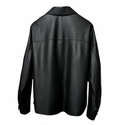 Genuine Leather Shirt Women Black Button Pocket