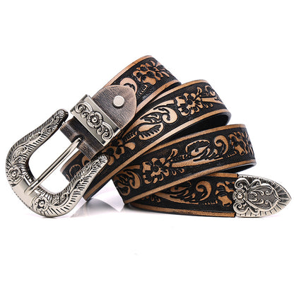 Embossed rose punk leather belt for women