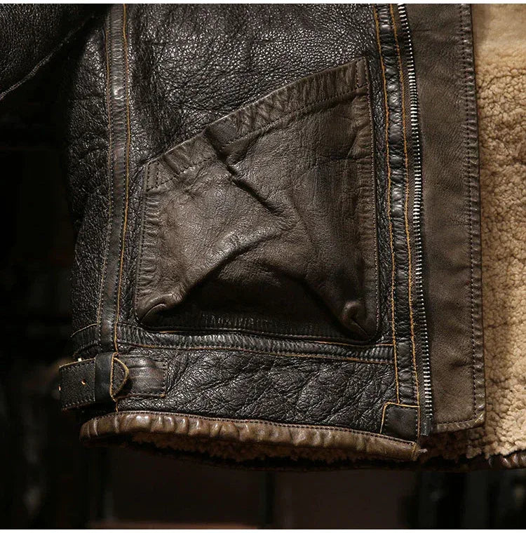 Men Shearling Bomber Leather Jacket With Wool Lining