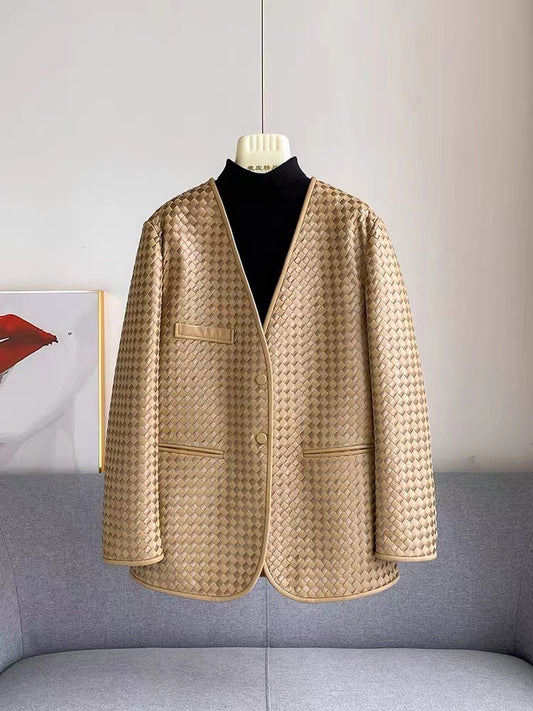 Leather Woven Jacket for Women Loose Fit Suit Style Blazer