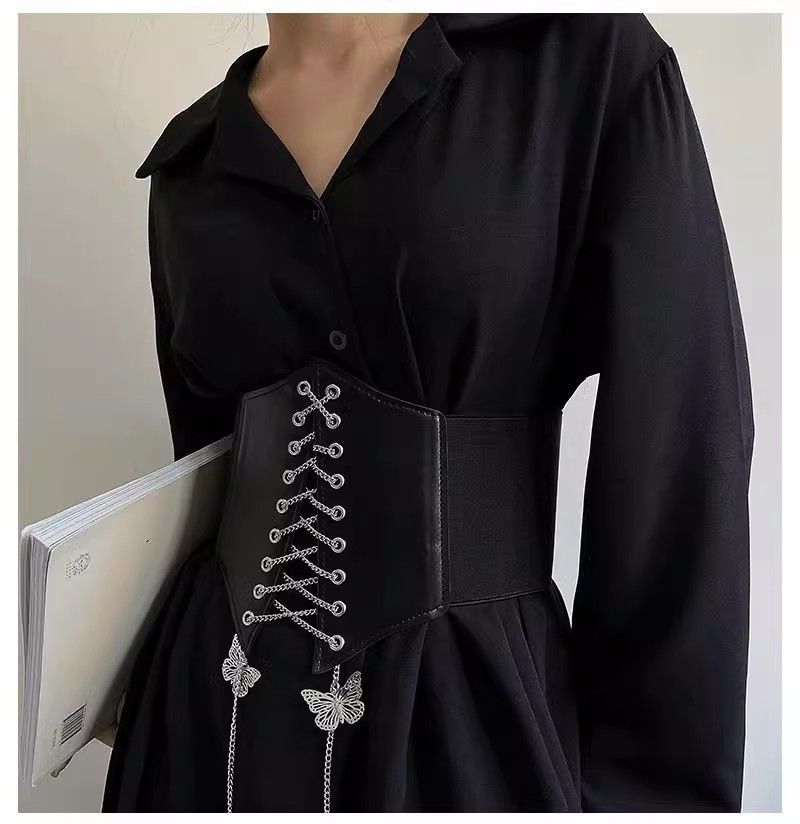 Black Butterfly Chain Faux Leather Elastic Waist Belt