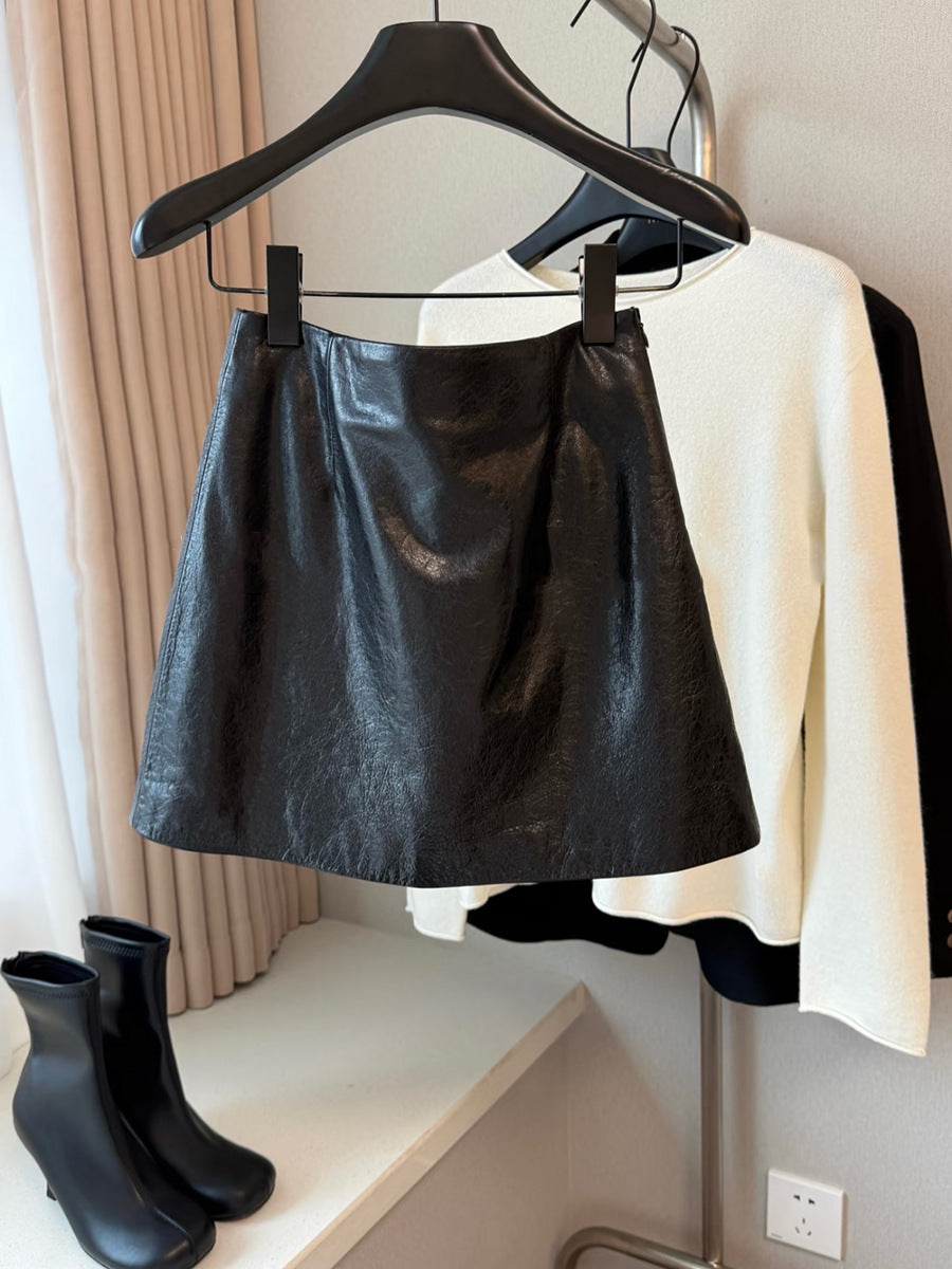 Women’s Leather Mini Skirt High Waist Oil Wax A-Line