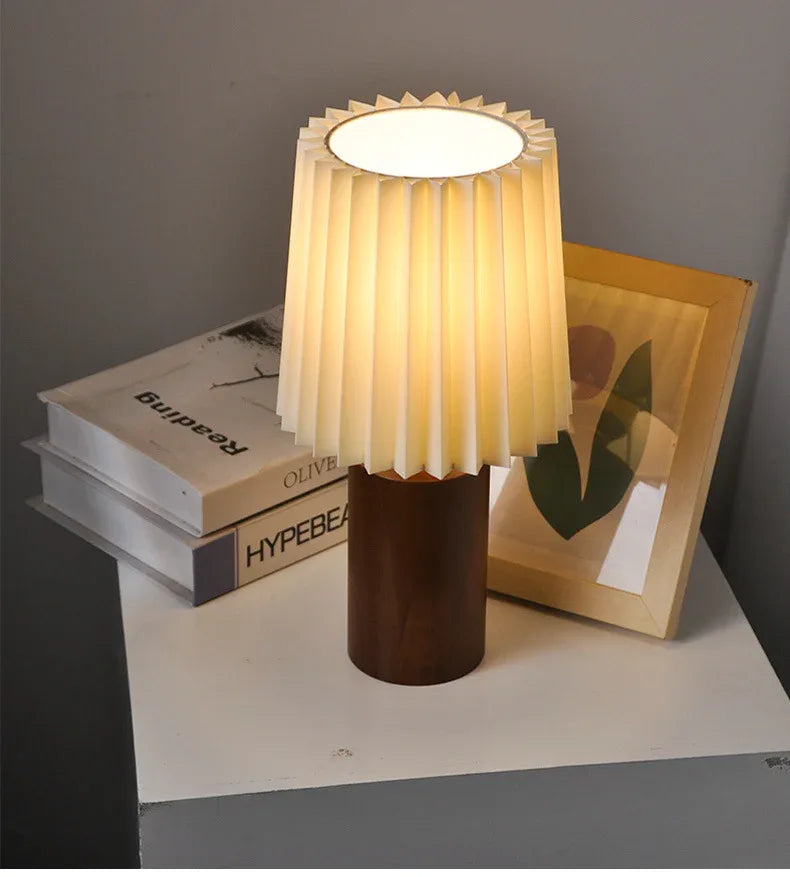 Vintage pleated wood column table lamp