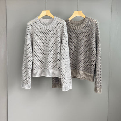 Hollow-Out Sequined 100% Cashmere Knit Sweater for Women