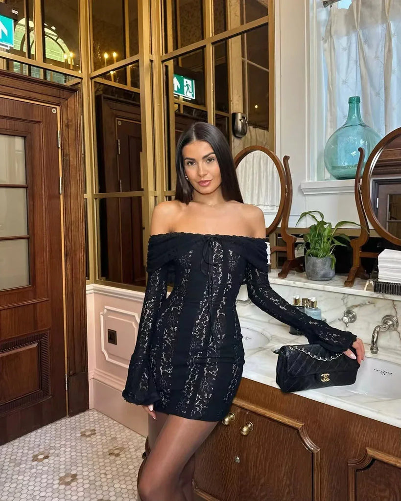 Off shoulder lace bodycon mini dress with flared sleeves 1 XS