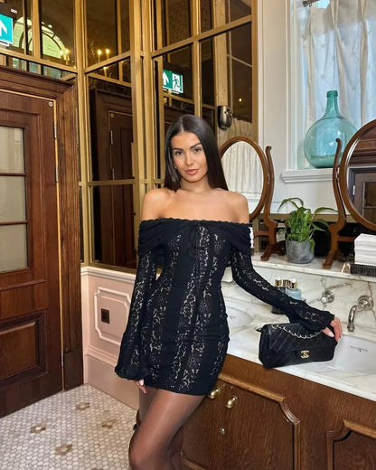 Off shoulder lace bodycon mini dress with flared sleeves 1 XS