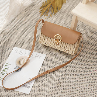 Rattan Crossbody Bag with Leather Flap