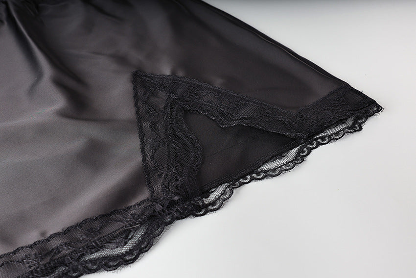 Black Satin Lace Trim Slit Mini Skirt