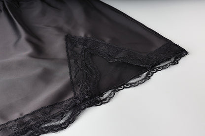 Black Satin Lace Trim Slit Mini Skirt