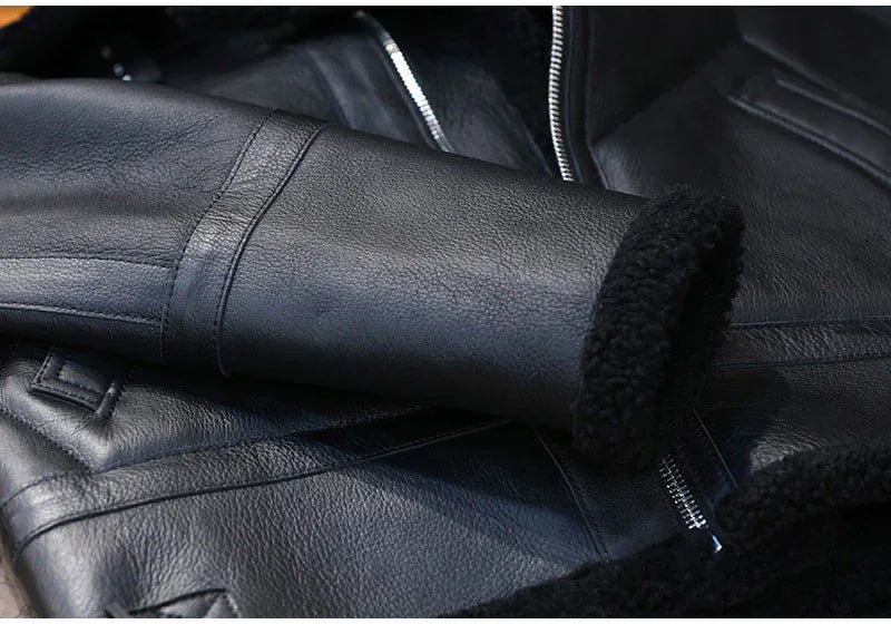 Men Real Sheepskin Shearling Fur Flight Bomber Jacket