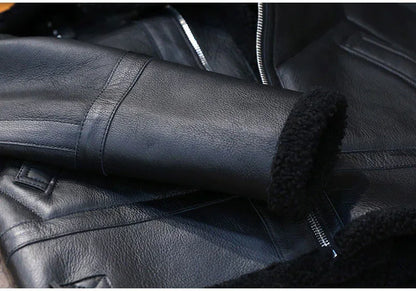 Men Real Sheepskin Shearling Fur Flight Bomber Jacket