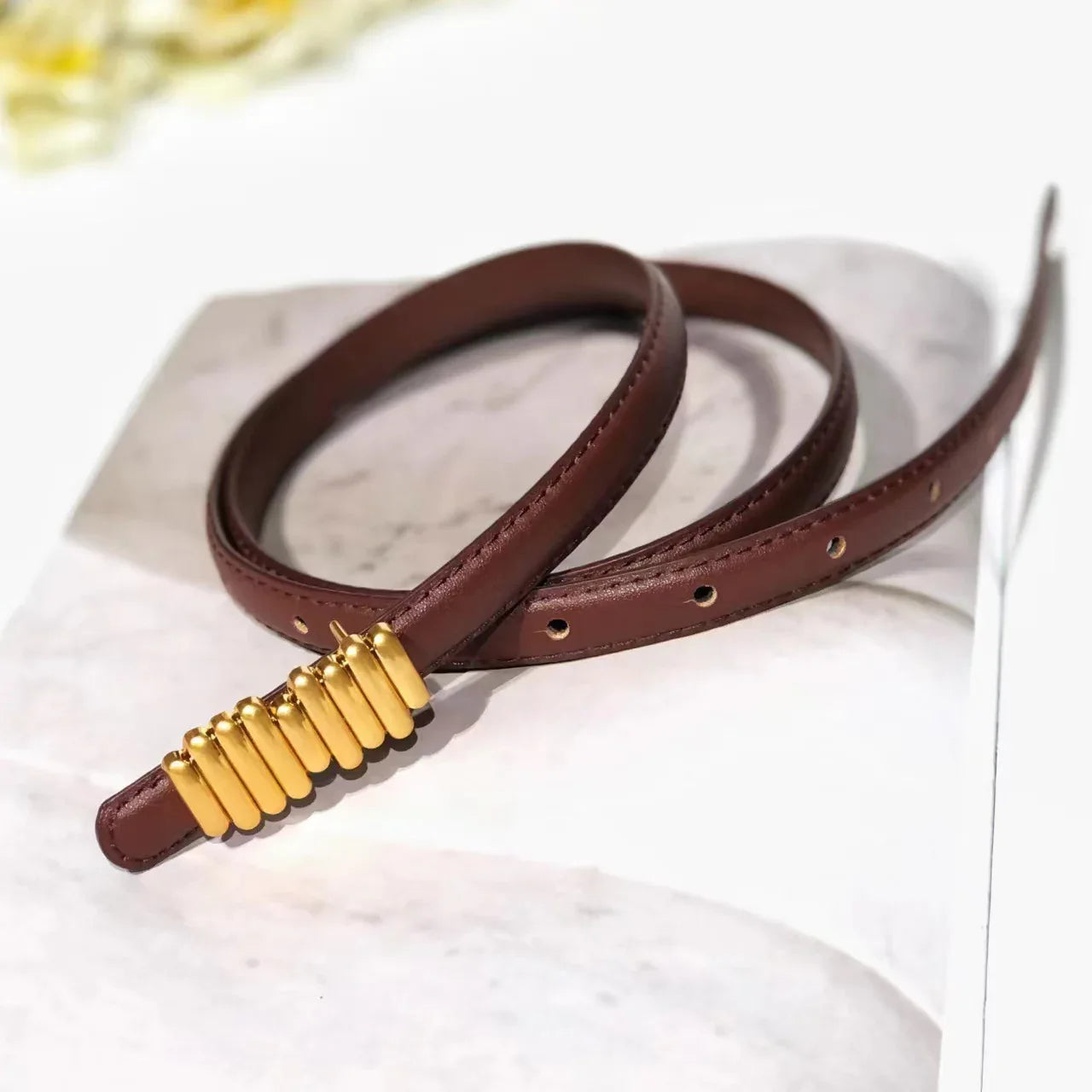 Women’s Skinny Genuine Leather Belt Gold Buckle